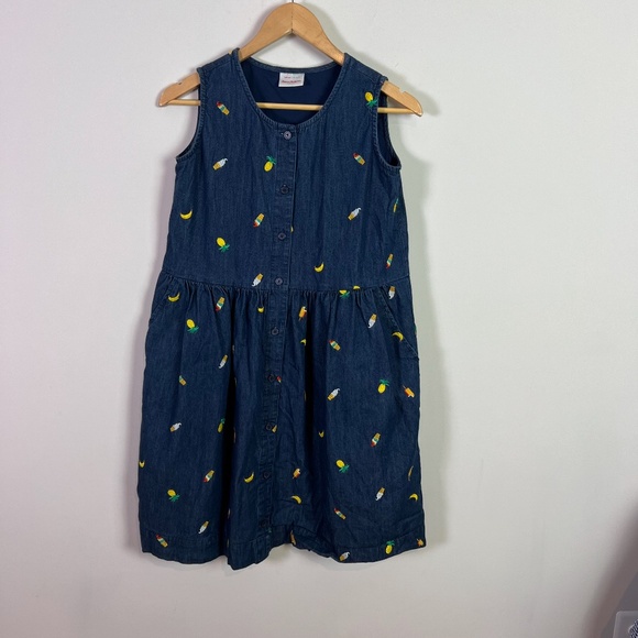 Hanna Andersson Girls Denim Pineapple and Ice Cream Embroidered Sleeveless Dress